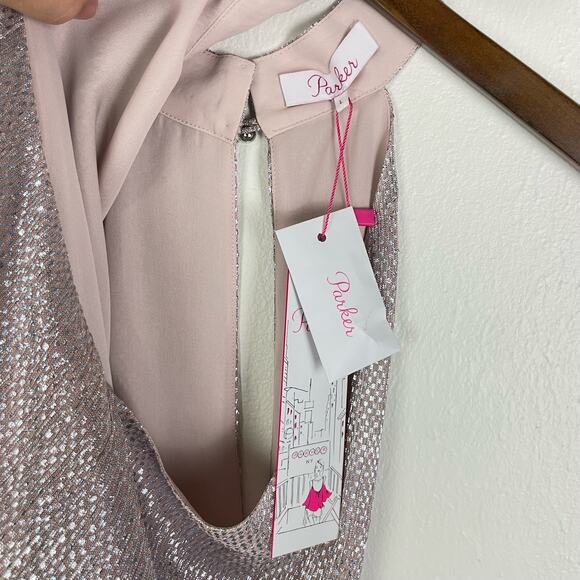 Parker | NWT Blush Pink Silver Metallic Tie Neck A-line Sleeveless Blouse - Picture 8 of 10